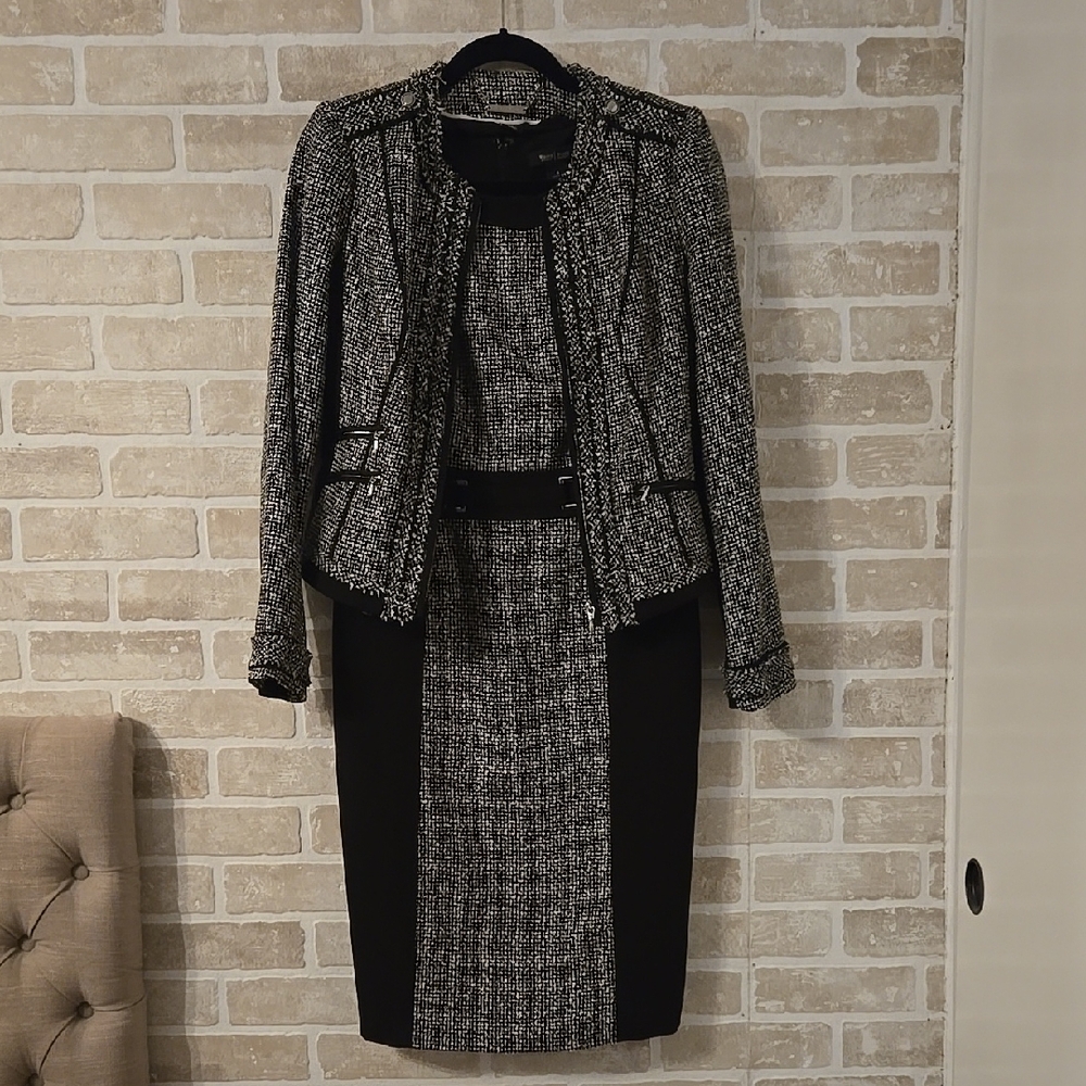 White House Black Market Black and White Tweed Dress And Jacket Set